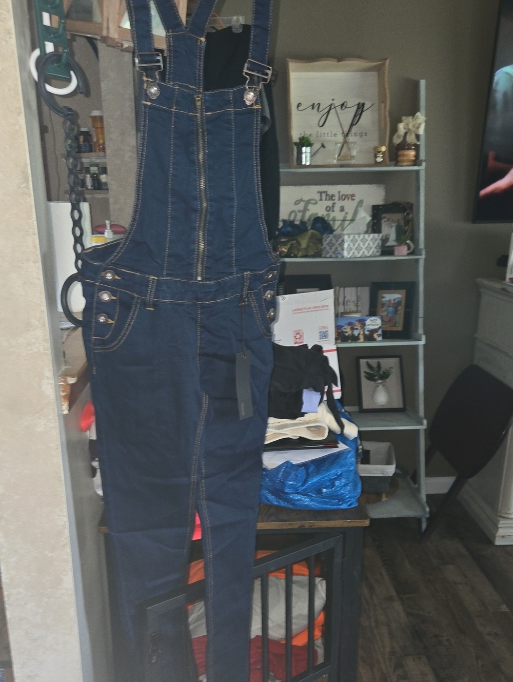 Women’s Dark Blue Denim Bib Overalls with Front Zip